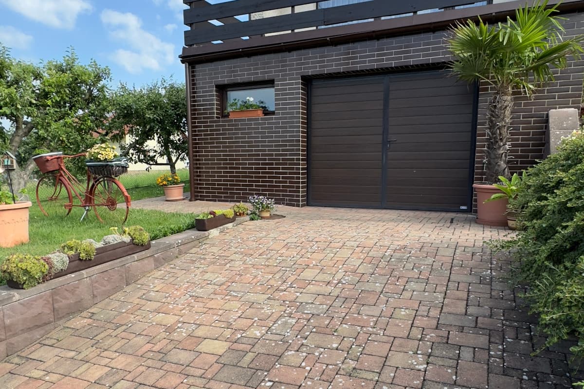 Zámková dlažba zarostlá mechem a plevelem před čištěním